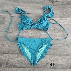 szL 34C Teal Ruffle Romantic Bikini‎ Spring Break Beach Pool Shore Lake Vacation